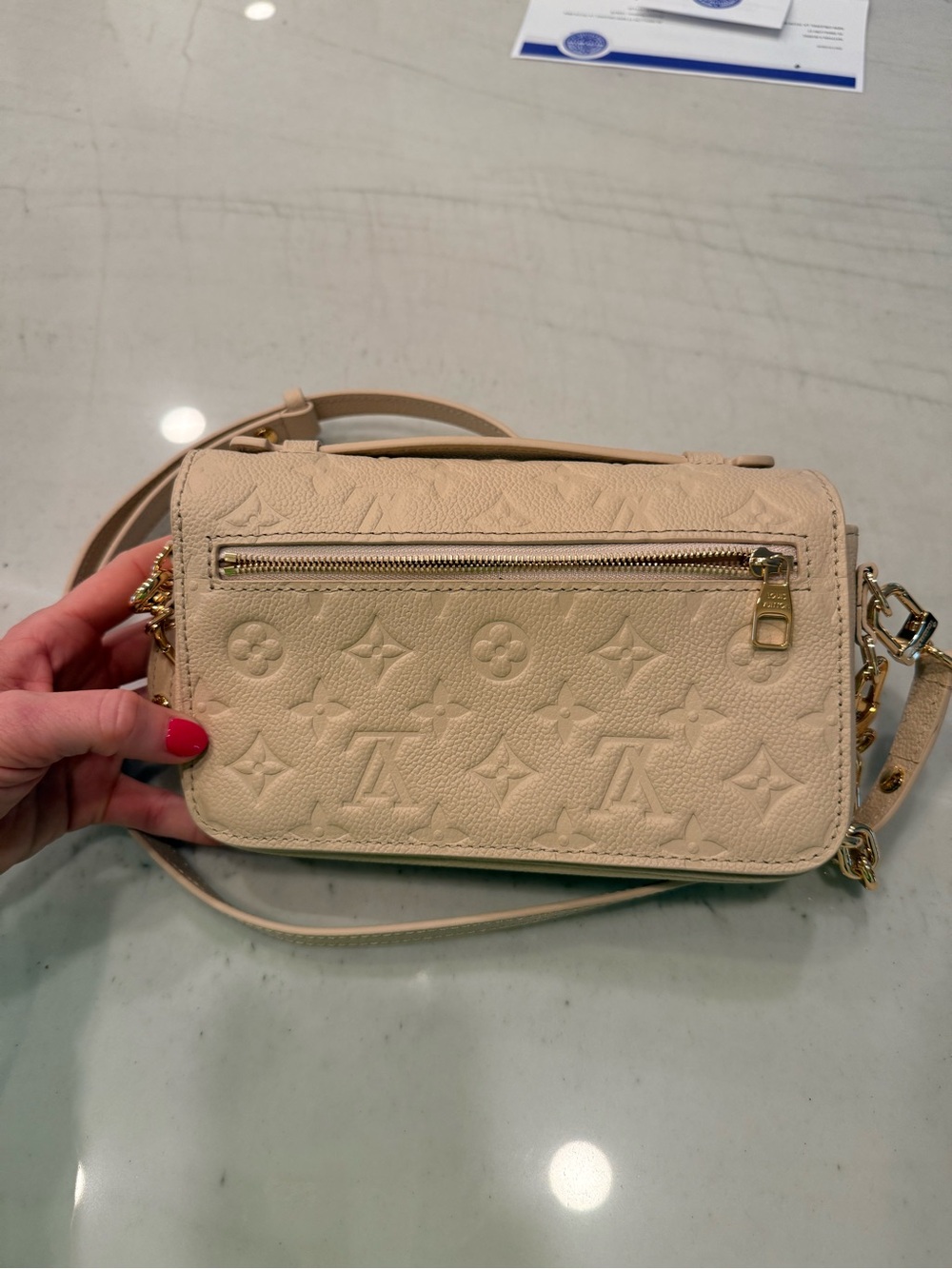 Beige Embossed Leather Crossbody Bag with Gold Chain - Picture 6 of 6